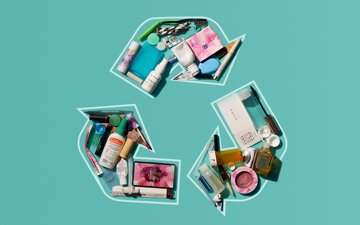 beauty products in the shape of a universal recycling symbol