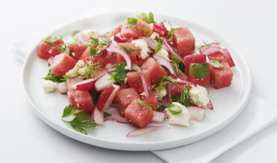 Bowl of watermelon salad with feta