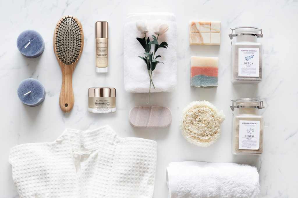 flat lay of self care and beauty products