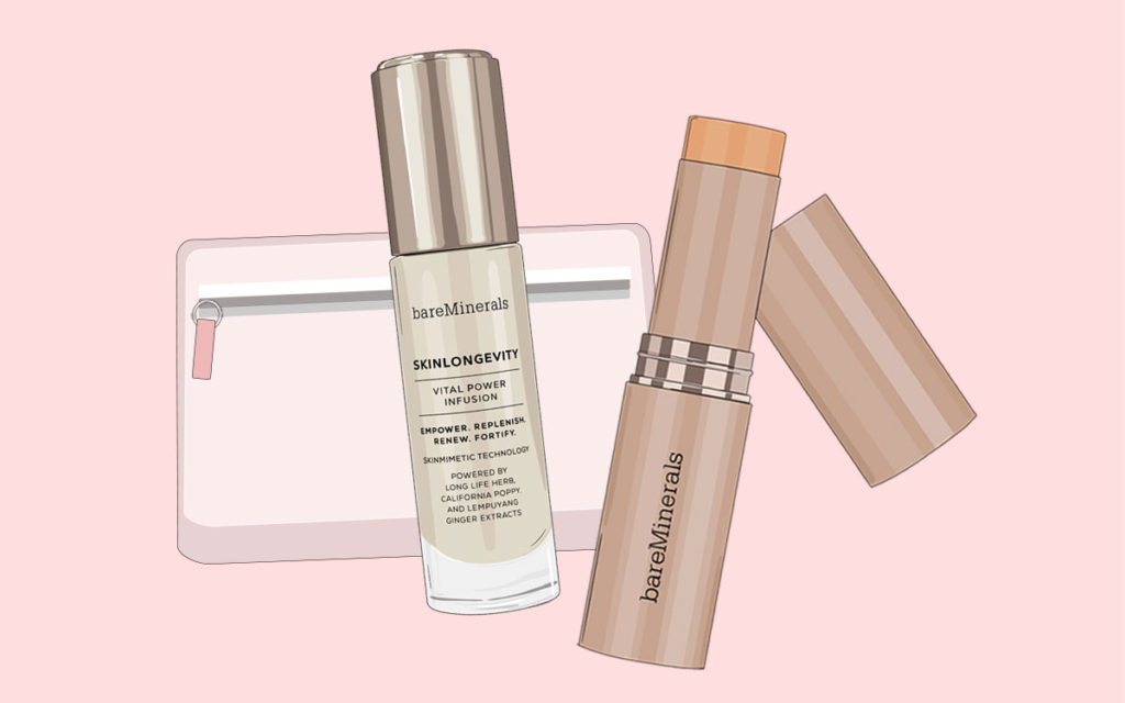 bareMinerals Skinlongevity serum and Complexion Rescue Foundation Stick with clear makeup bag
